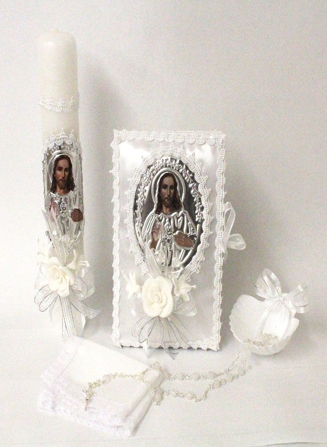 Ooki Elegant Handmade 5 Piece Jesus Foil Picture Lace Baptism Christening Shells Candle Set Favors Girl Boy White Set de Bautizo Espanol Nina Nino Berries Communion Lace Gift Box - Image 3